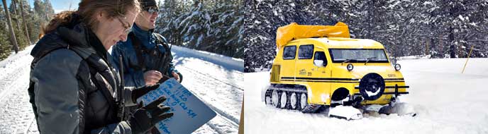 A photo collage with a pair of researchers taking notes on a snowy park road and a yellow snowcoach driving down the snow-covered, groomed road. A photo collage with a pair of researchers taking notes on a snowy park road and a yellow snowcoach driving down the snow-covered, groomed road.