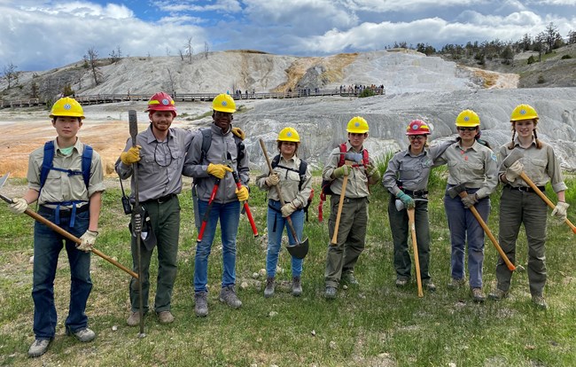 Young adults holding earth moving hand tools stand in front of a travertine terrace.