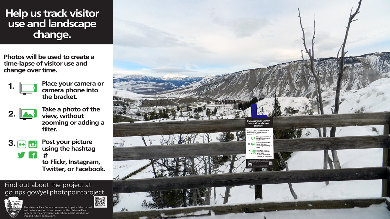 Camera stand and sign at Mammoth Hot Springs.