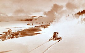 Historic photo of a snowplane along the Firehole River. Historic photo of a snowplane along the Firehole River.