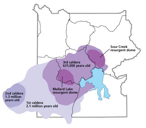 Map of Yellowstone's boundary and roads with calderas and resurgent dome