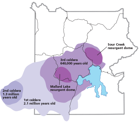 Map of Yellowstone's boundary and roads with calderas and resurgent dome