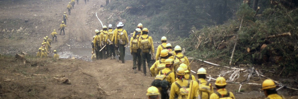 A long line of firefighters walk through a small water crossing A long line of firefighters walk through a small water crossing
