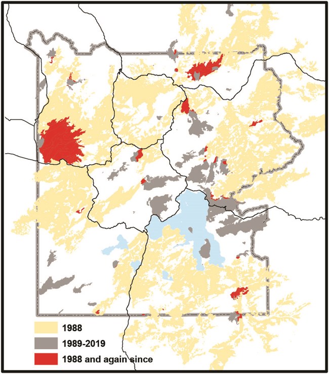 A map of Yellowstone that shows previous burns.