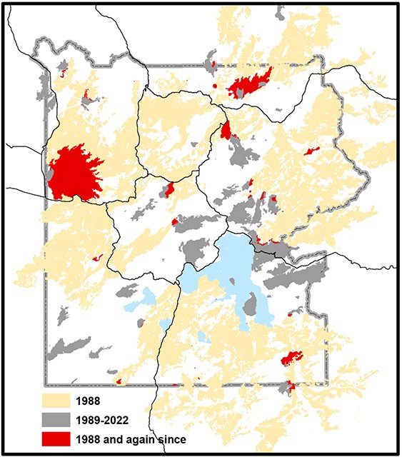 A map of Yellowstone that shows previous burns.