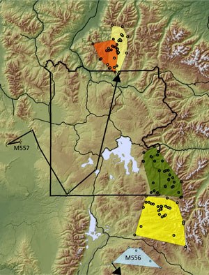 Map showing wolverine home ranges in north and south parts of park in 2009