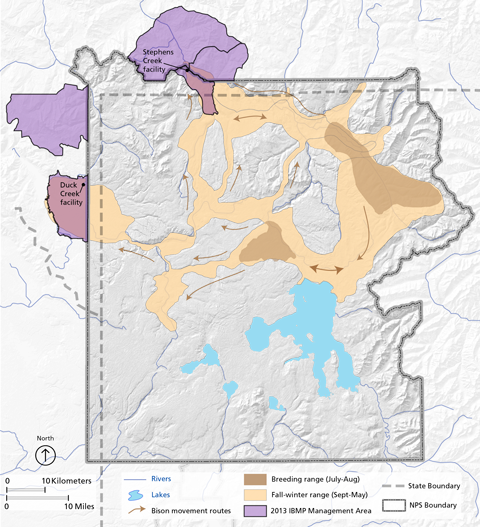 A map of Yellowstone's elevation, rivers and major lakes, park and state boundaries, the breeding and fall-winter ranges of bison, and the 2013 Interagency Bison Management Plan area