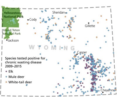 Map of Wyoming showing cases of chronic wasting disease from 2009 to 2015