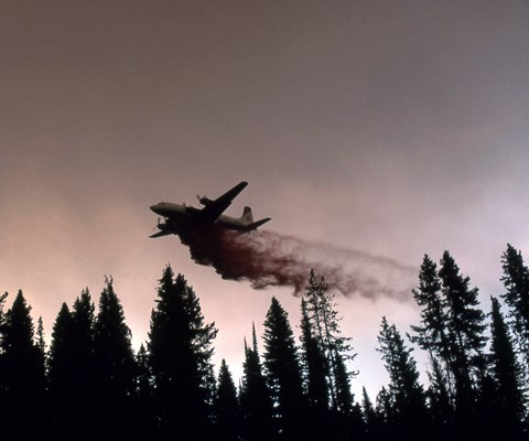 An airplane surrounded by smoke drops dusty material as it flies over a forest