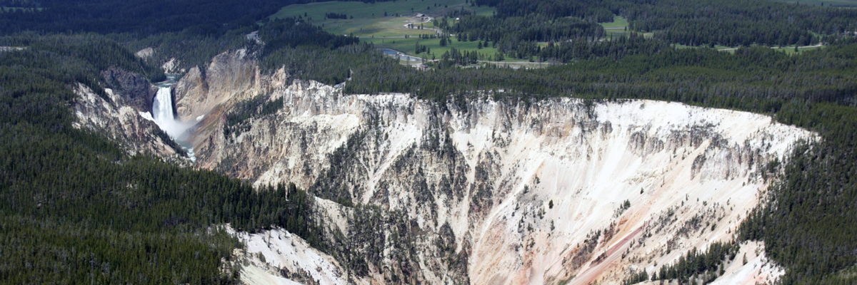 An aerial view of the pale stone of Grand Canyon of the Yellowstone cutting through green forest An aerial view of the pale stone of Grand Canyon of the Yellowstone cutting through green forest