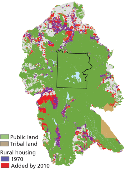 Yellowstone's boundary and surrounding public land with private development around the edges
