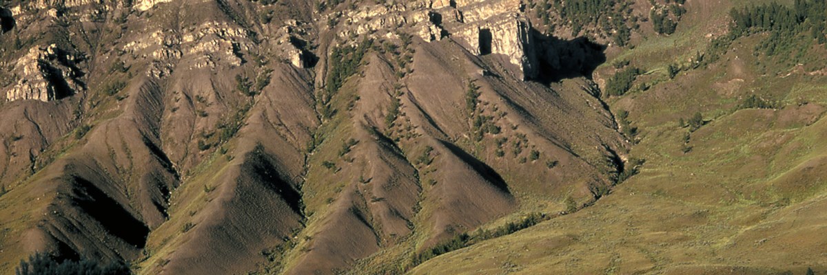 Vegetation grows on worn slopes below jagged rocks