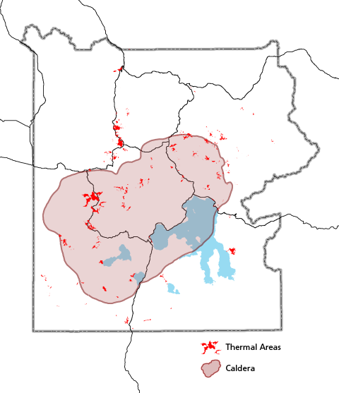 Map of Yellowstone National Park boundary with roads, caldera, and thermal areas marked