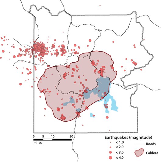 Map of Yellowstone National Park showing caldera and earthquakes by magnitude