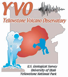 Yellowstone Volcano Observatory logo with Old Faithful, outline of park including caldera Yellowstone Volcano Observatory logo with Old Faithful, outline of park including caldera