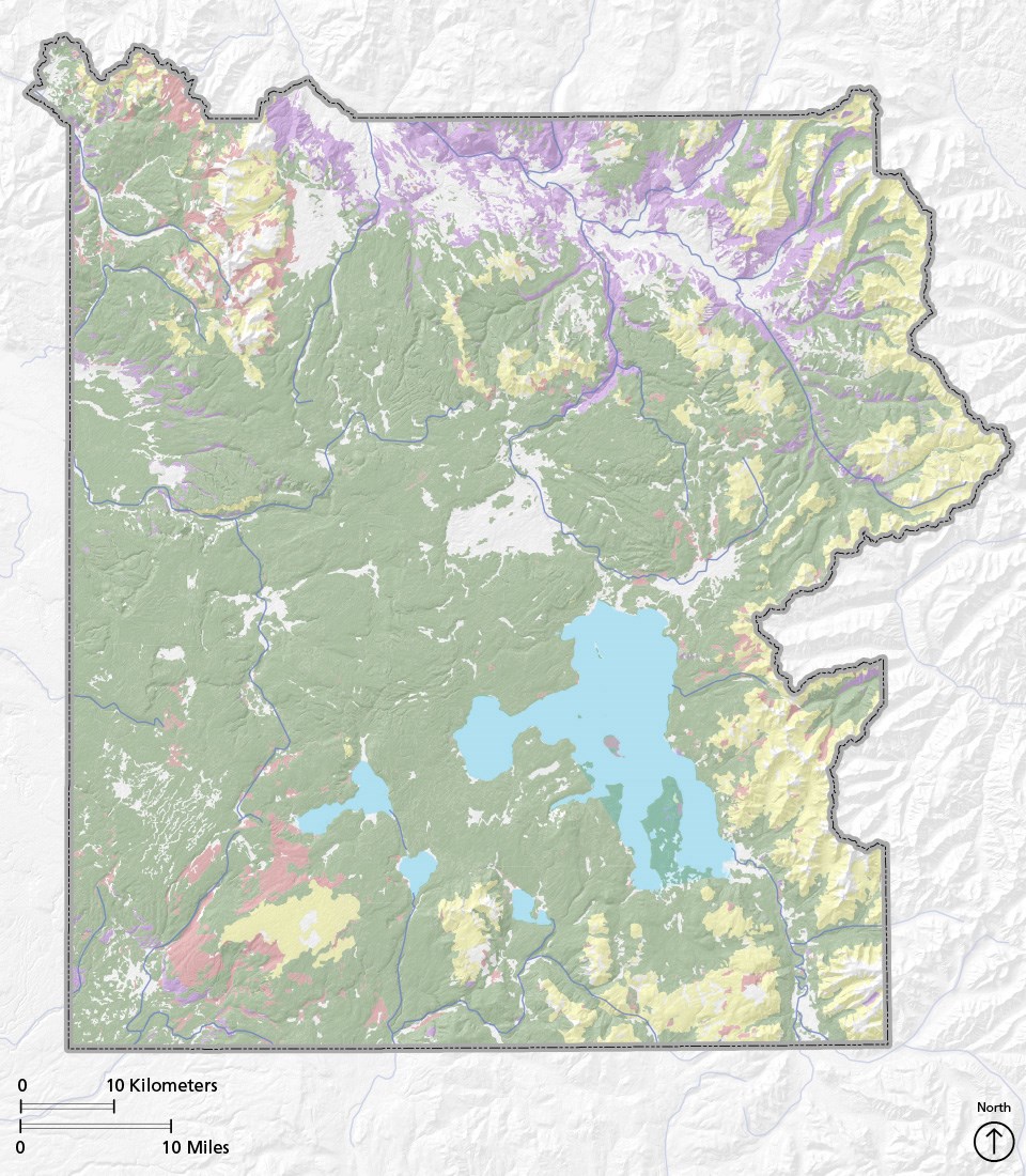 Map of Yellowstone showing the different major vegetation communities.