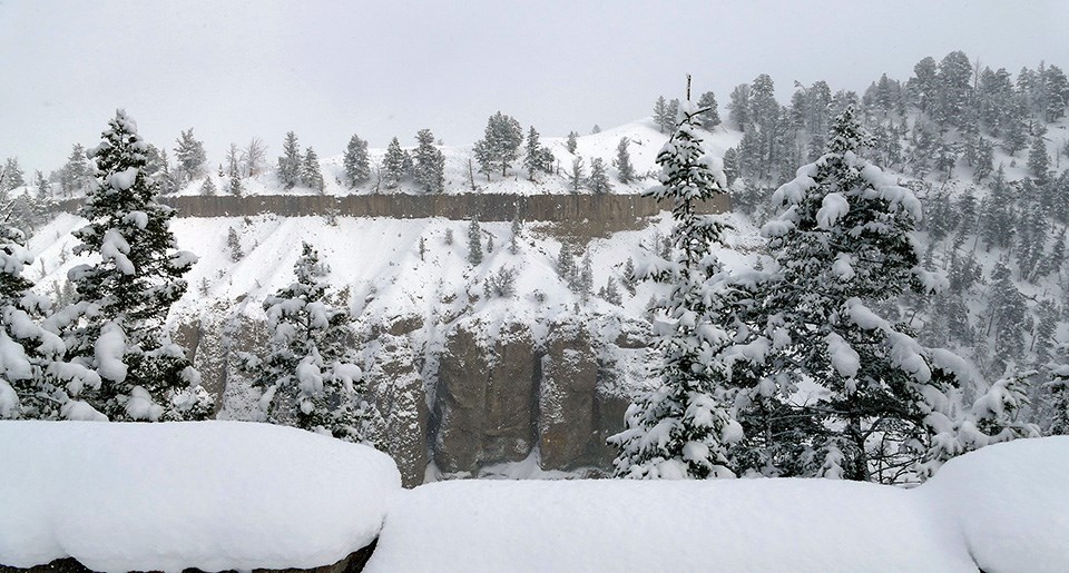 Rock columns form a cliff in a snow-covered landscape.