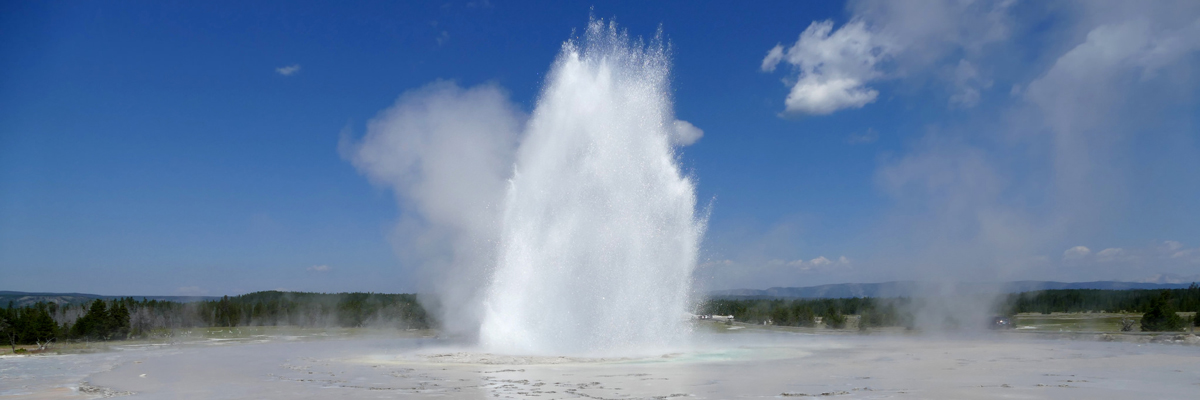 A geyser erupts against a blue sky A geyser erupts against a blue sky