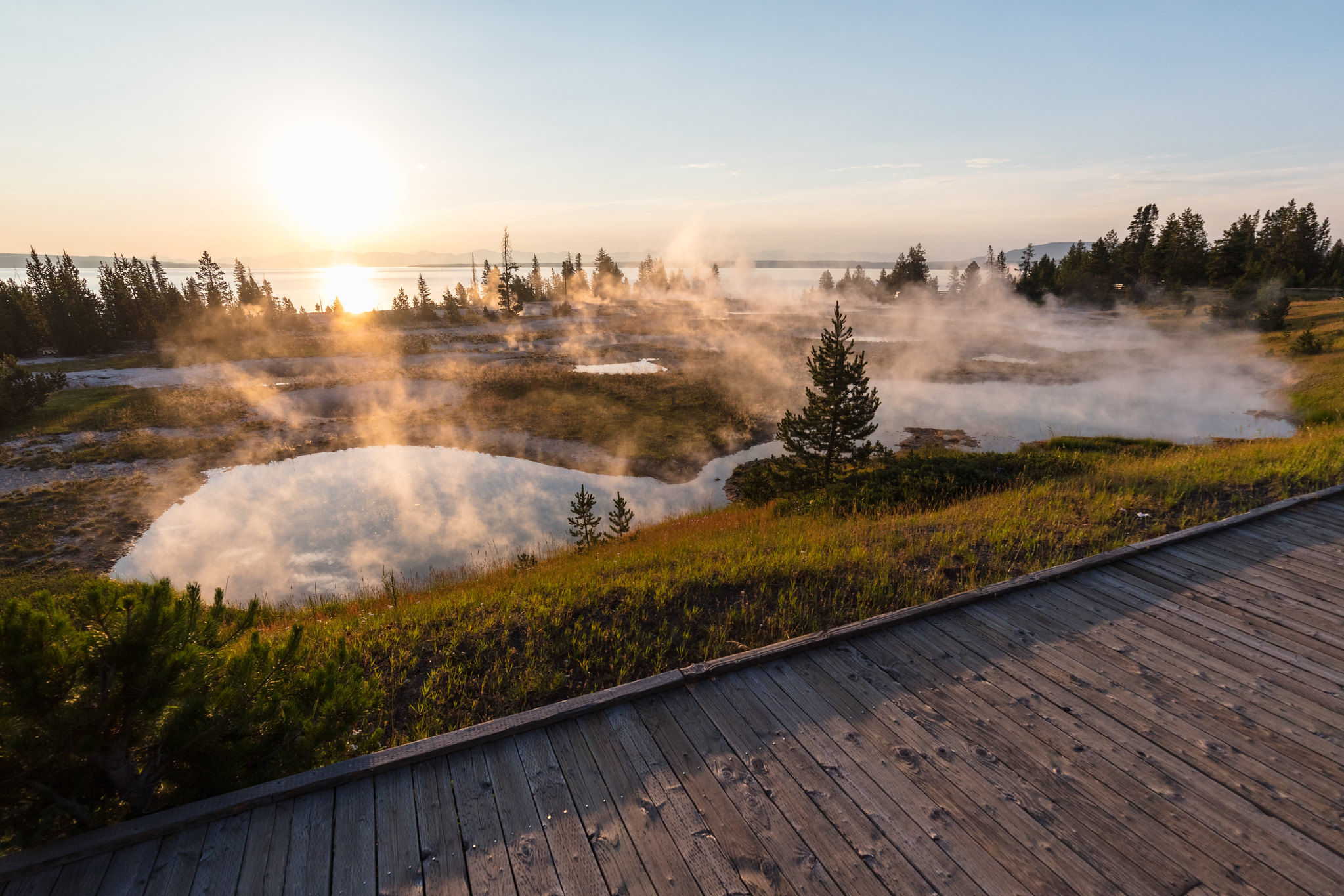 West Thumb Geyser Basin sunrise and boardwalk