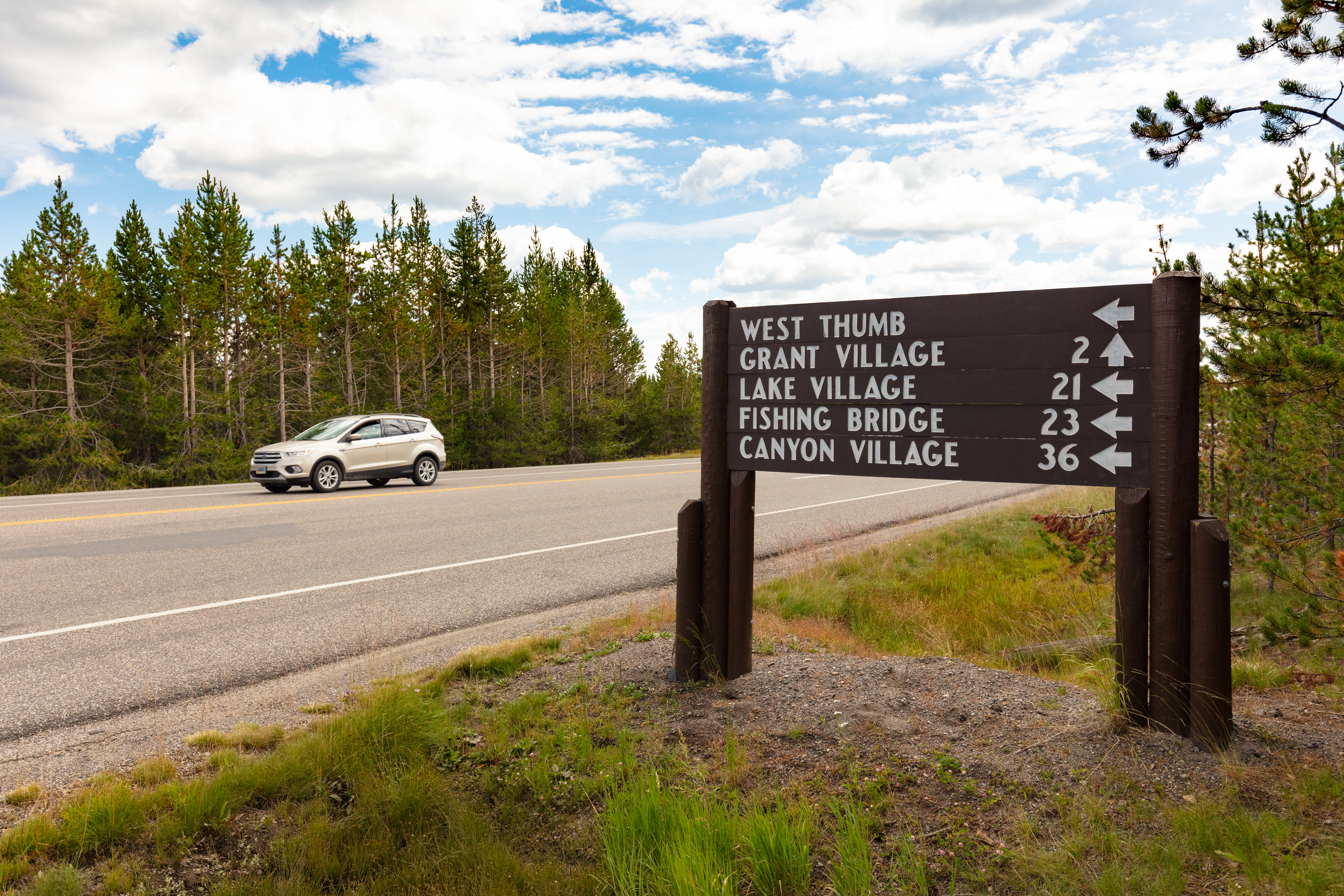 A wooden sign with arrows pointing to different park sites