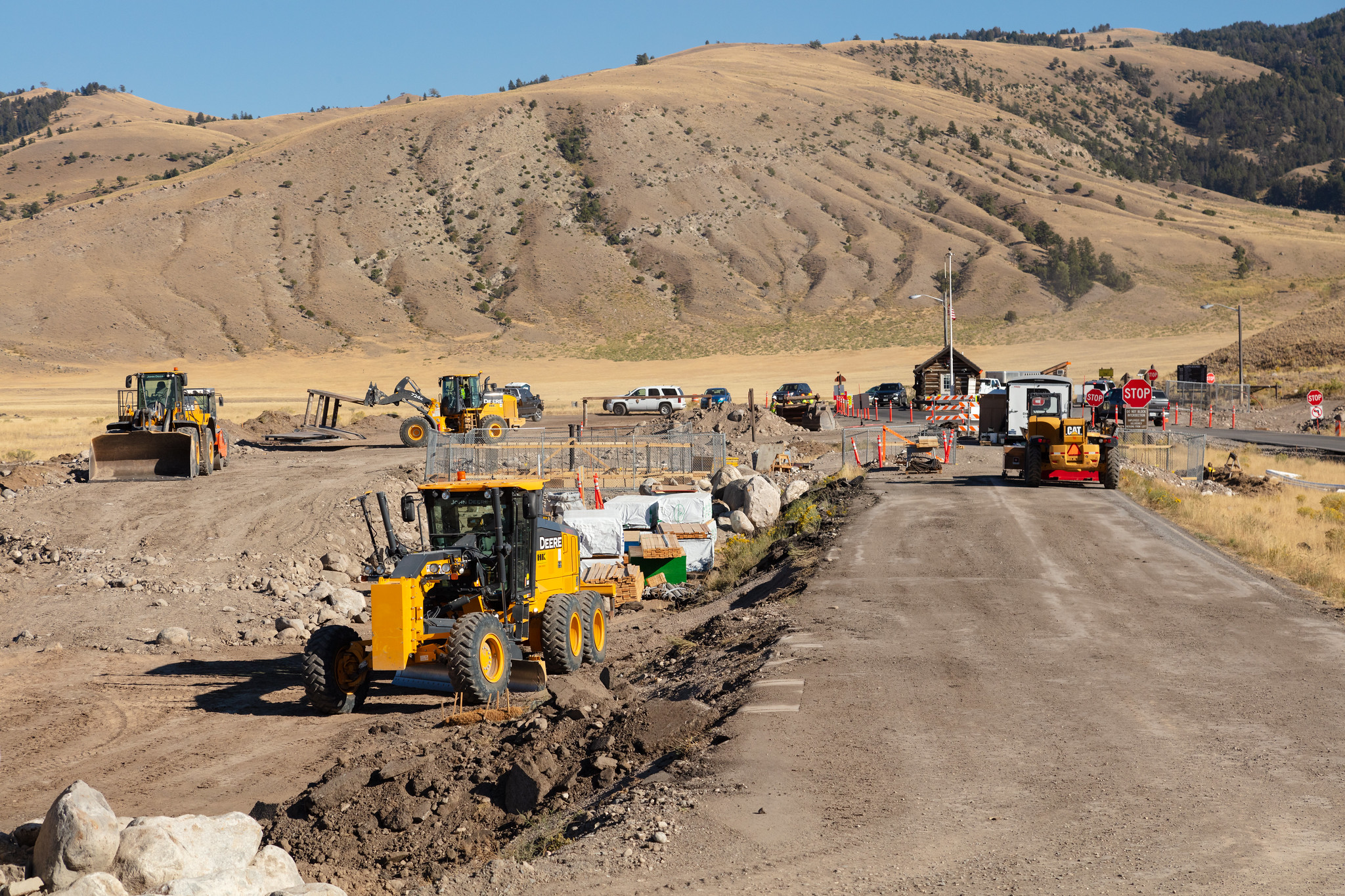 road construction equipment at the entrance to the park
