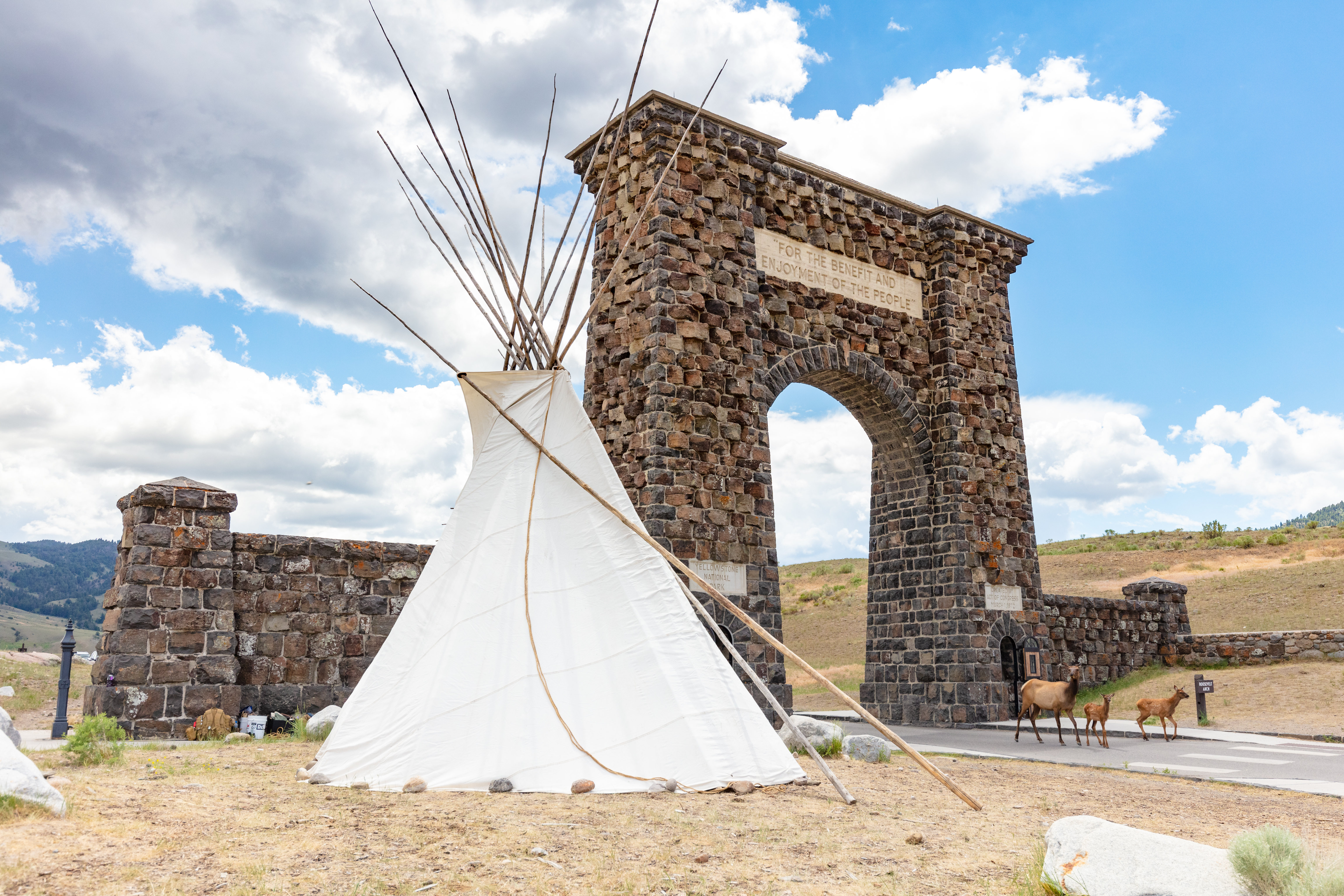 elk walking by a teepee next to a large stone archway