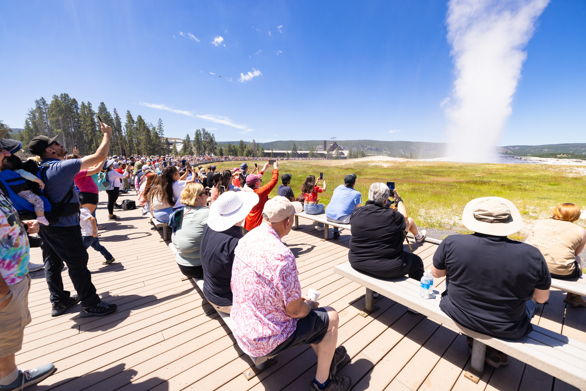 Crowds watching summer Old Faithful eruption