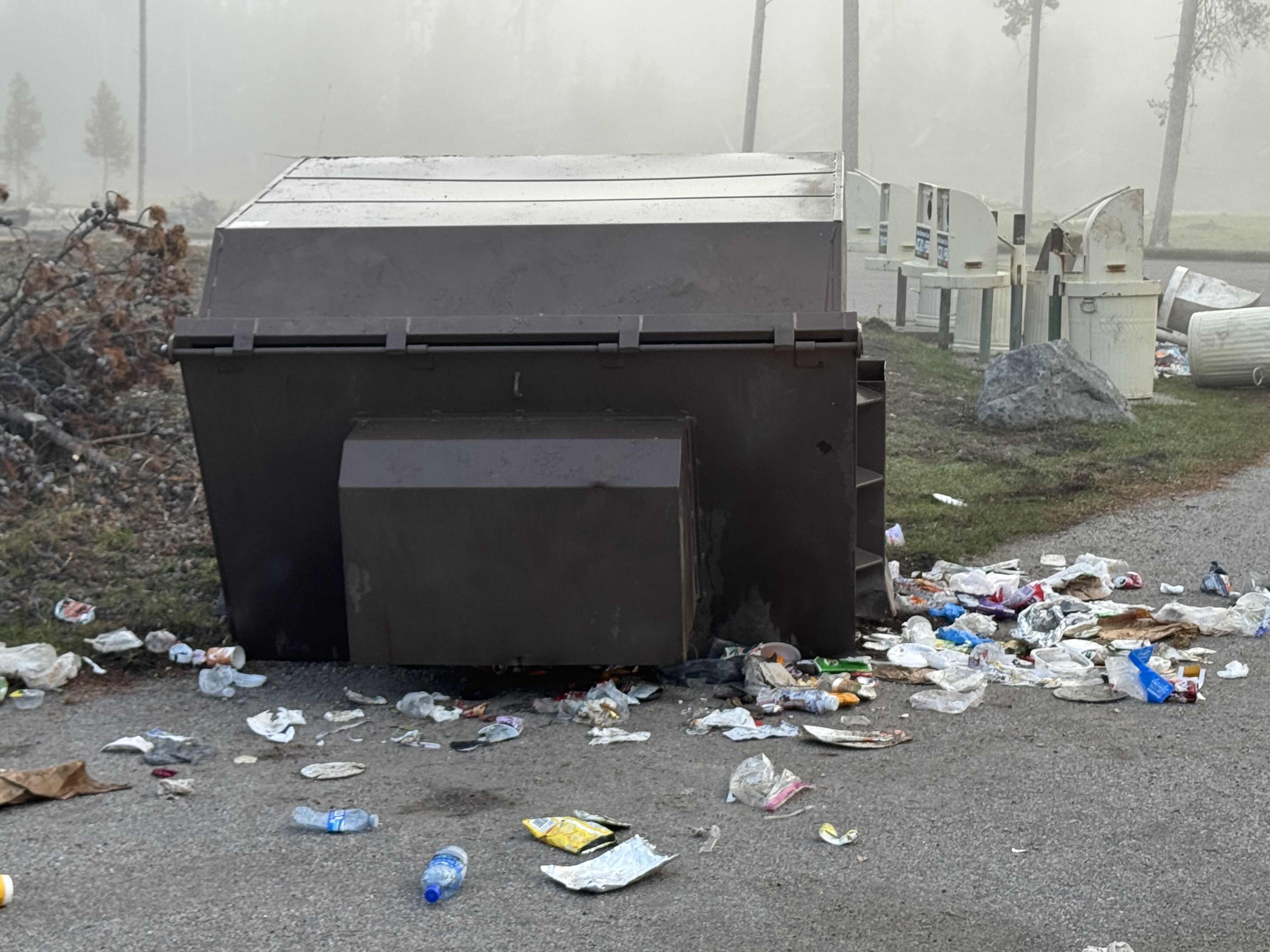 Bear-resistant sumpter on its side with garbage strewn Bear-resistant sumpter on its side with garbage strewn