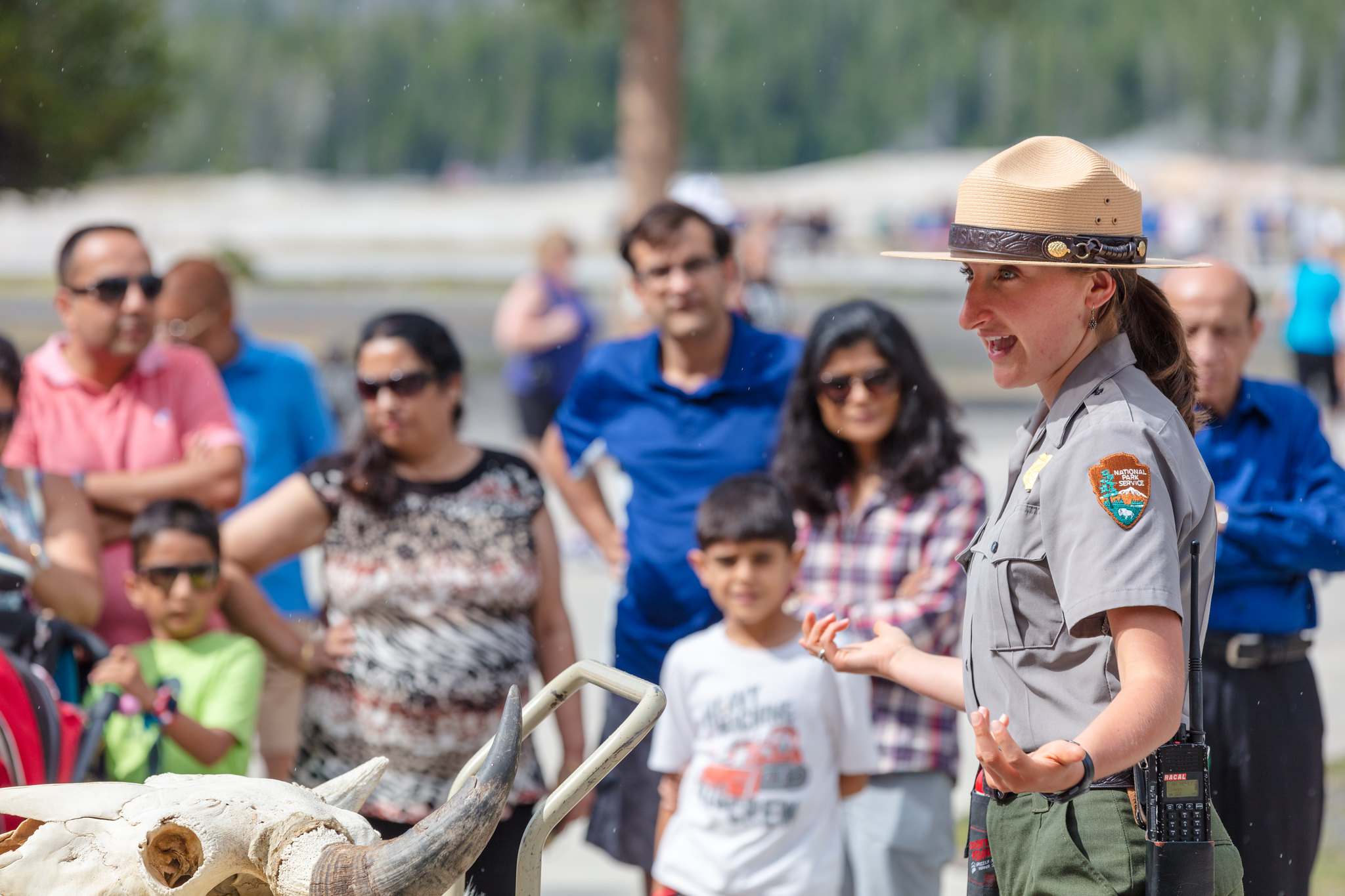 Ranger Sklyer gives a wildlife safety talk at Old Faithful Visitor Education Center