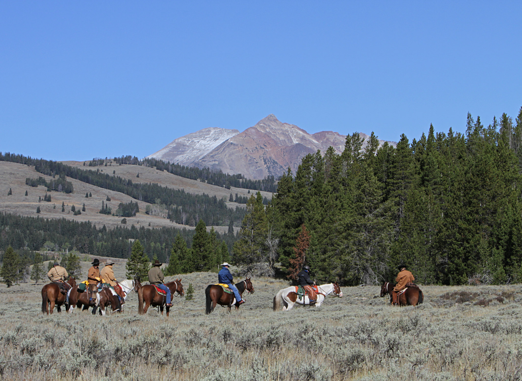 group of riders on horseback with mountains in the background