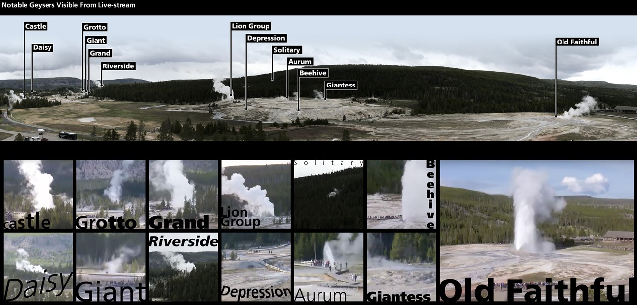 Panoramic image from the top of the Old Faithful Inn showing the Upper Geyser Basin steaming below.