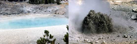 (Left) Congress Pool in a quiet stage showing milky blue, calm water. (Right) Congress Pool in an eruptive stage.