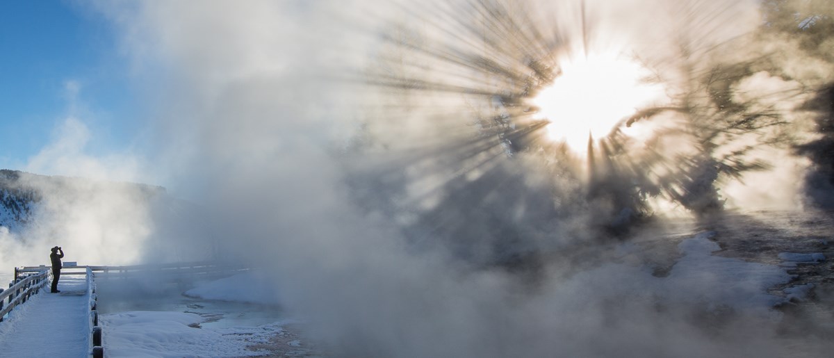 Photographing steam shadows at Mammoth Hot Springs Photographing steam shadows at Mammoth Hot Springs
