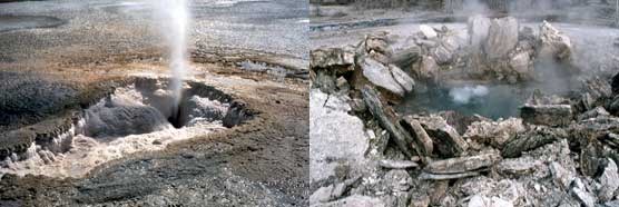 (Left) Steam rises from Porkchop Geyser before its hydrothermal explosion. (Right) Slabs of stone lay around the geyser's crater after the explosion.