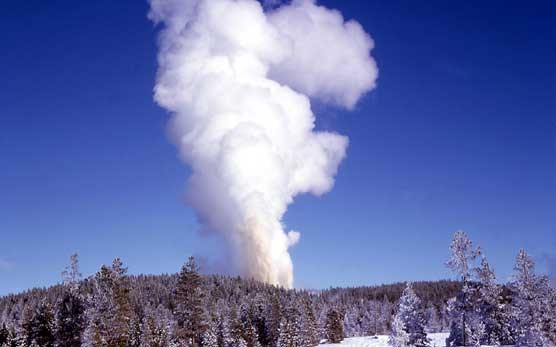 Steamboat Geyser erupting in winter