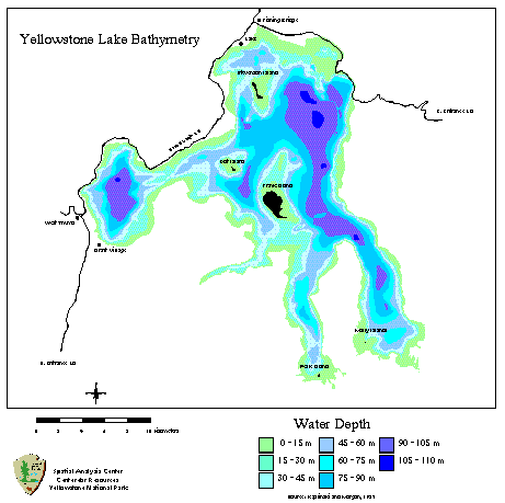 Map showing various depths of Yellowstone Lake.
