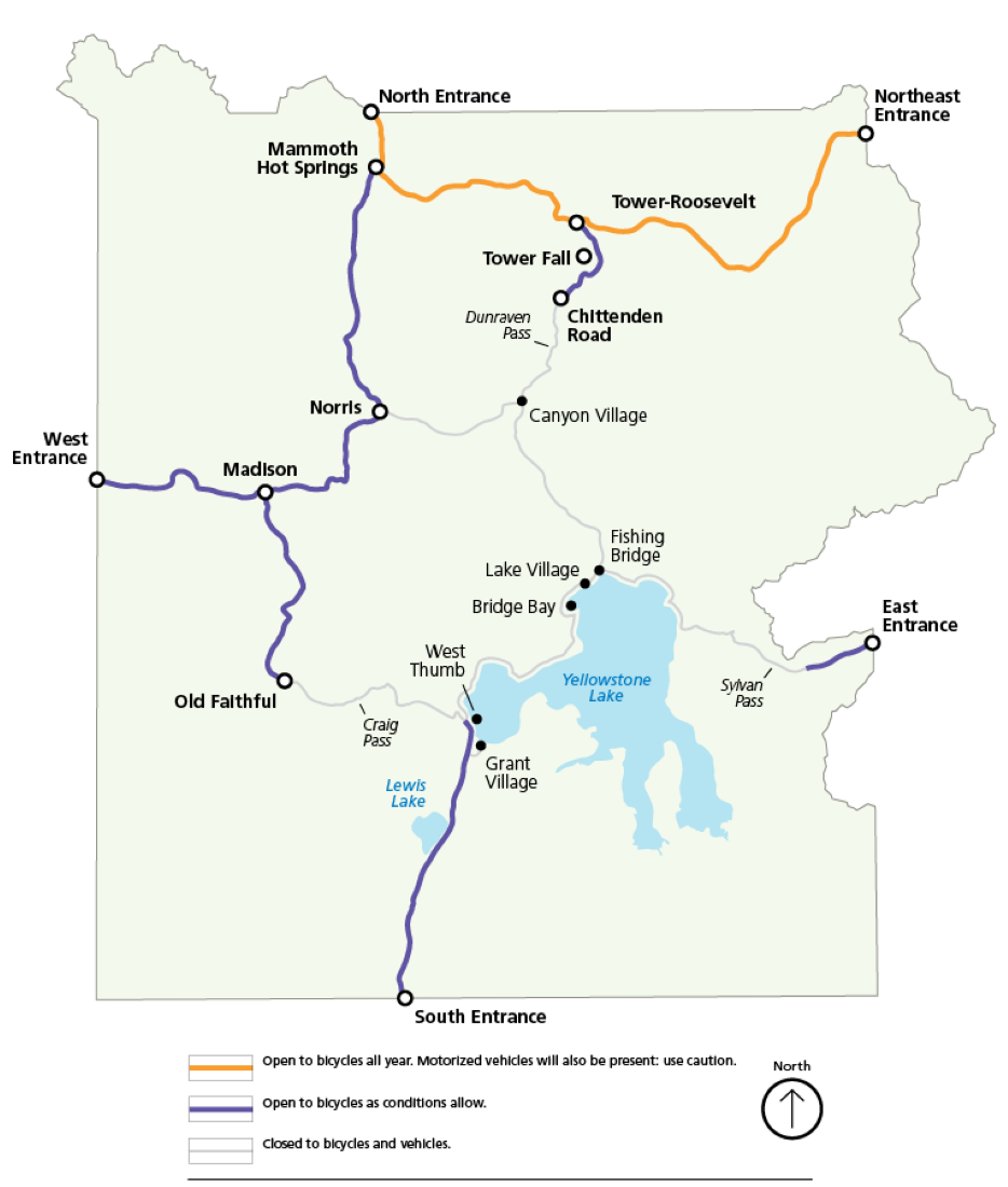 A map showing the routes that are open to cycling all year, as well as routes that are only open to cycling as conditions allow.