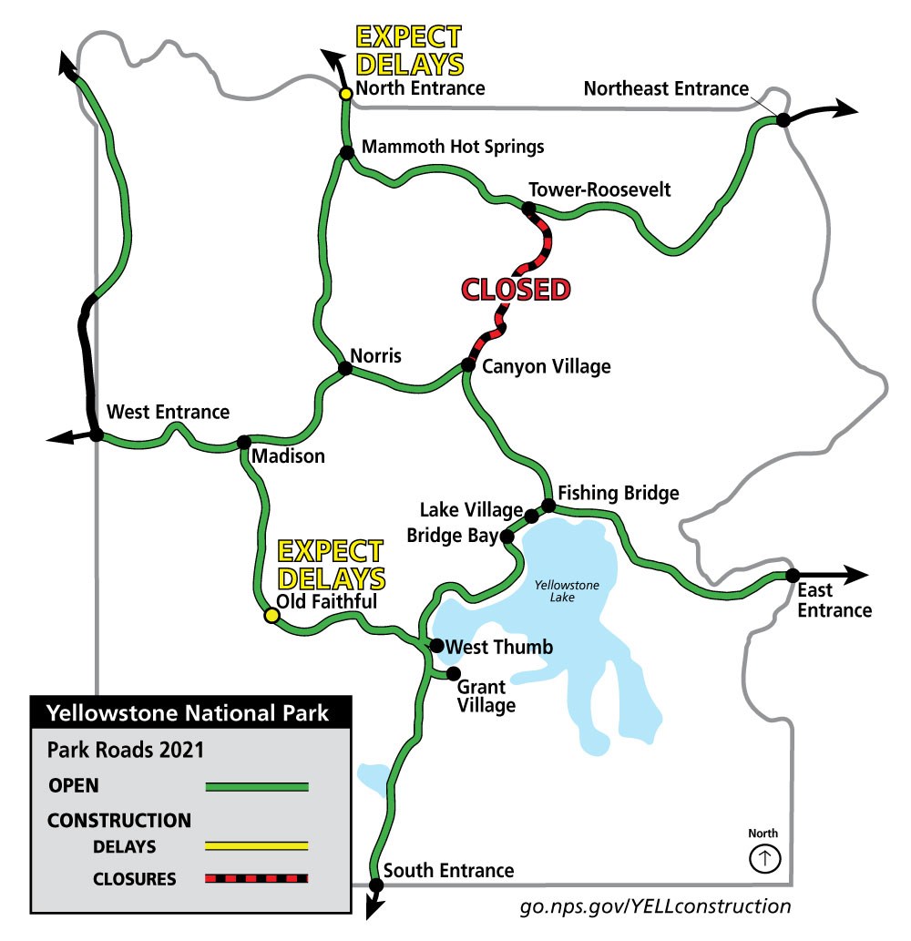 A map of Yellowstone with markers indicating where construction will be occurring this year