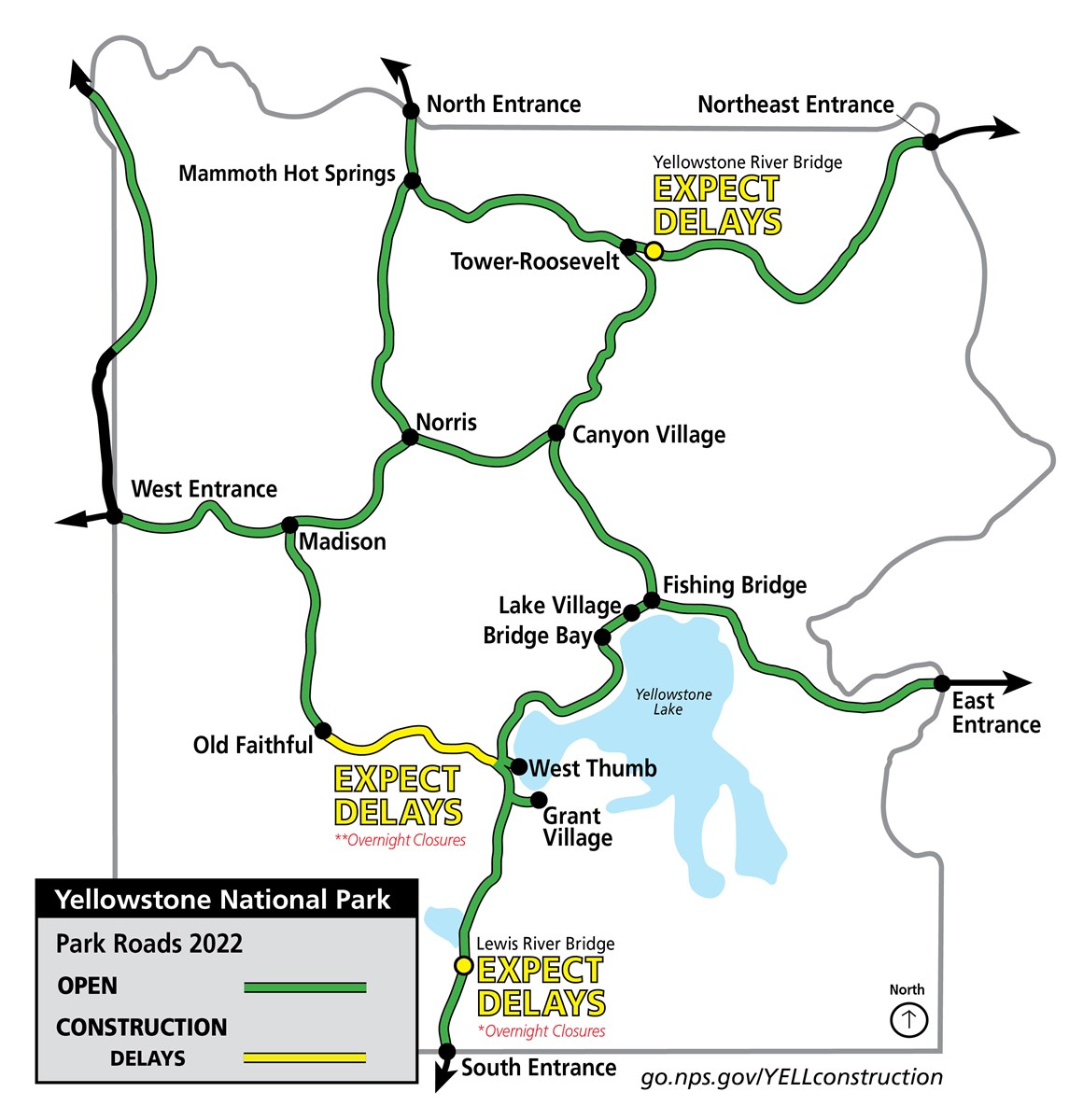 a road map of Yellowstone National Park showing areas where construction will occur in 2022