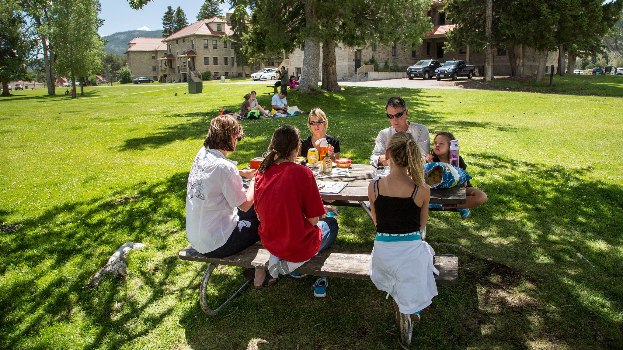 A group of visitors eating at a picnic table