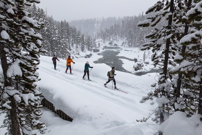 Skiers travel across Chittenden Bridge