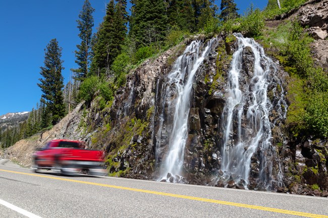 Spring waterfalls along the road