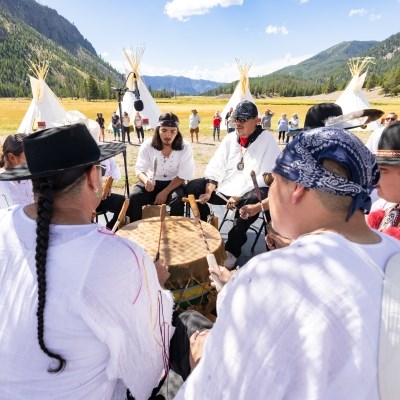 a group of people drumming