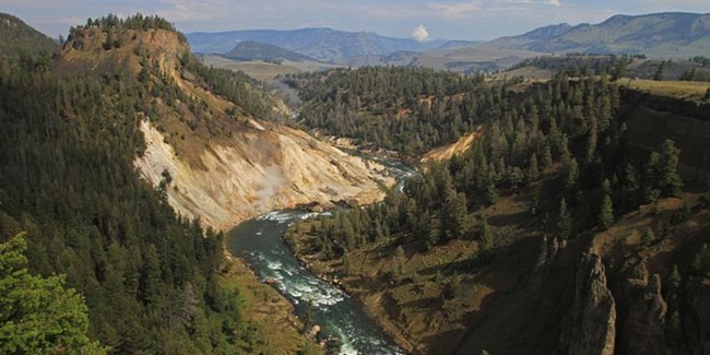 A river cuts through a small valley between rock and forest with mountains in the background