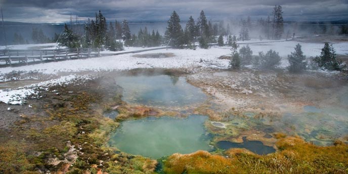 Colorful, steaming hot springs and surrounding vegetation next to snow covered rocks