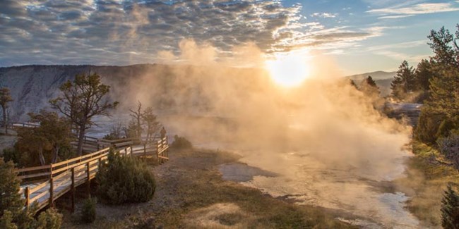 Sunrise at the Upper Terrace in Mammoth Hot Springs.