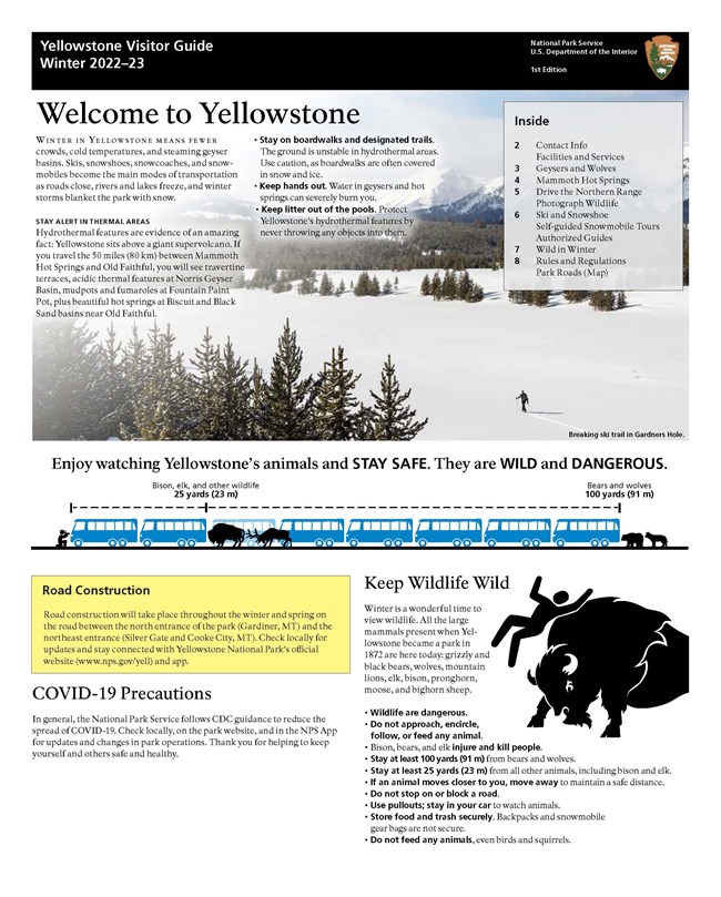Cover page of the 2022-23 Winter Visitor Guide for Yellowstone National Park