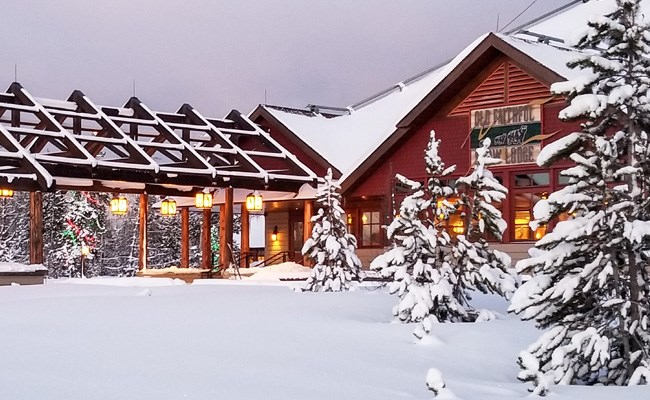 A red lodge in deep snow