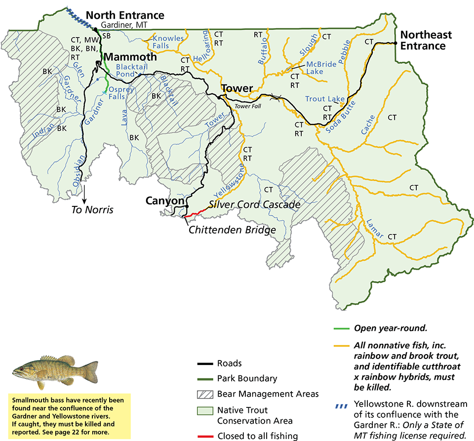 Map showing fishing regulations in Yellowstone's northeast region.