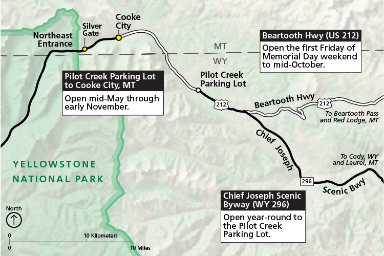 Map of Beartooth Highway, Chief Joseph Scenic Byway, Cooke City, and Northeast Entrance.